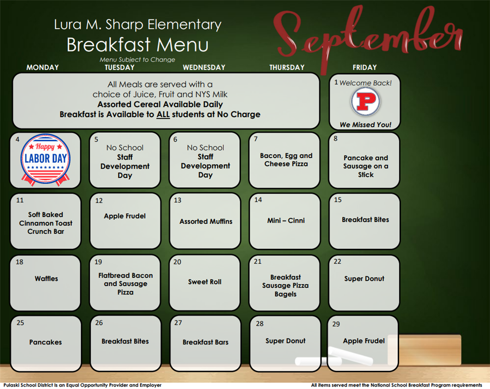 September Breakfast Calendar-Elementary